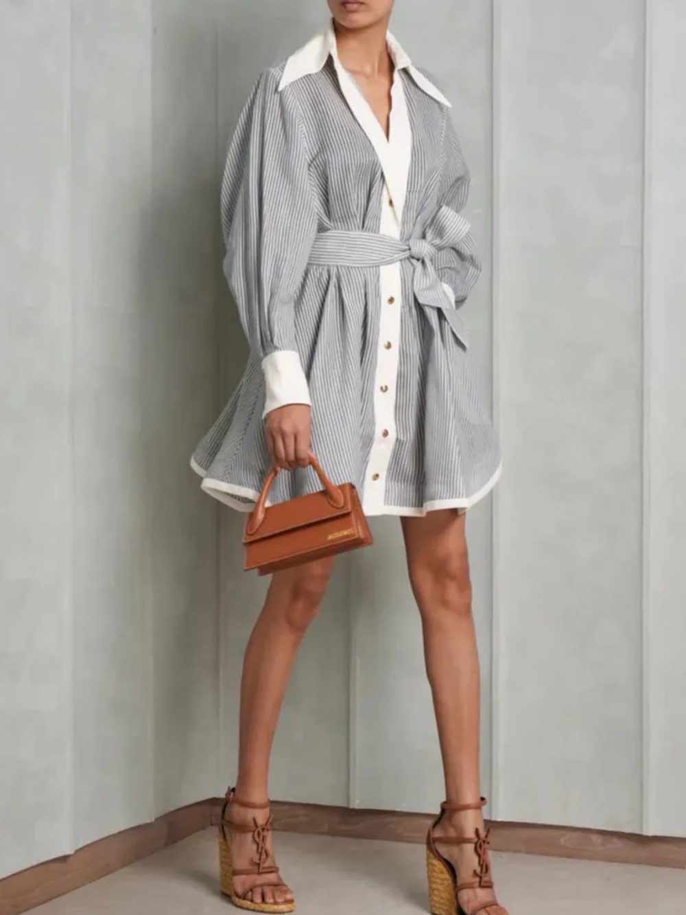 NWOT Zimmermann Striped Tie-Waist Shirt Dress - Cream & Gray, Size AU 2 = M